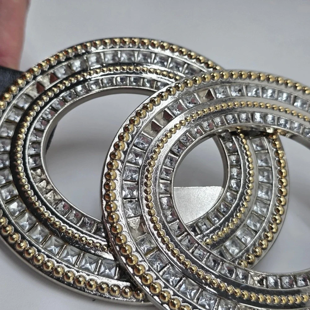 Chico's Belt Glitzy Rhinestones Black Leather Hook Silver Gold Circle Buckle M/L